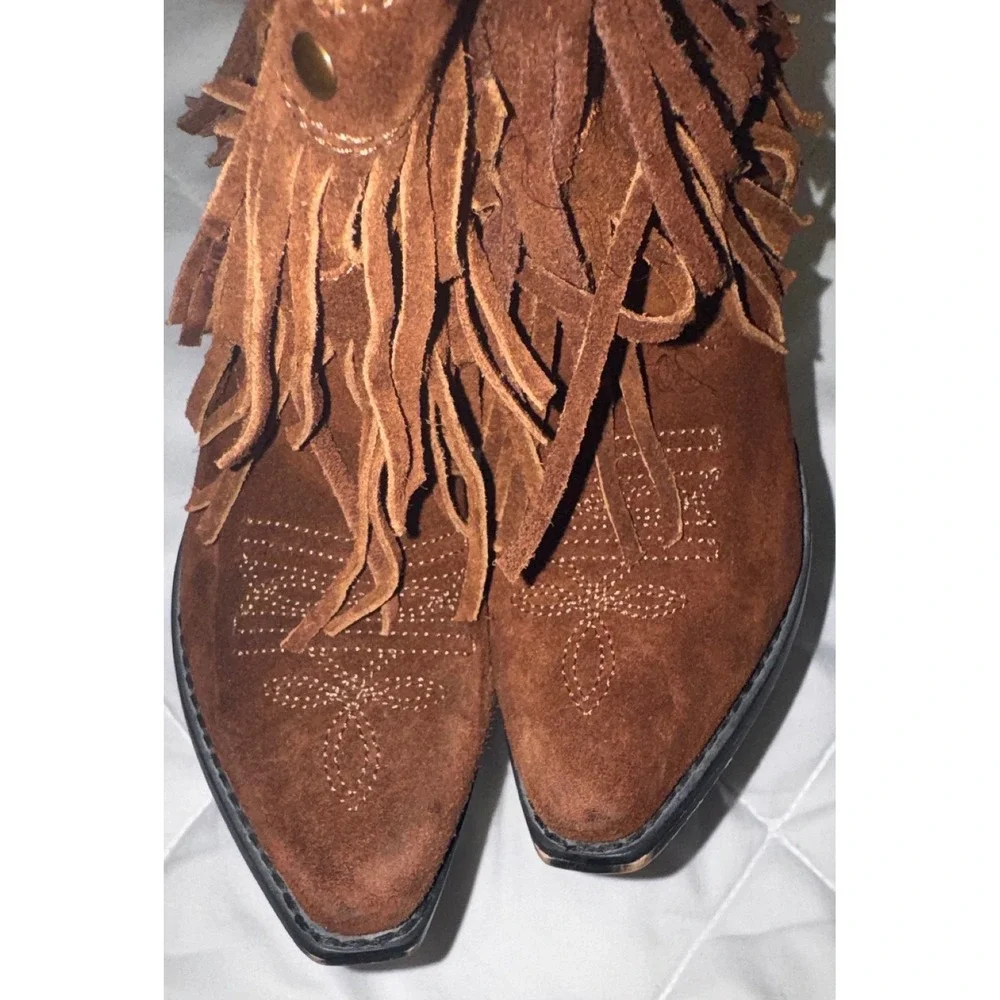 Shyanne Brown Suede Fringe Western Ankle Boots Studded Pointed Toe Kids 11